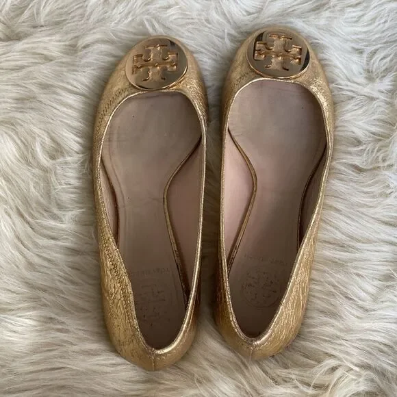 Tory Burch MINNIE TRAVEL BALLET Gold Flats sz 8M- Preowned - Picture 9 of 16